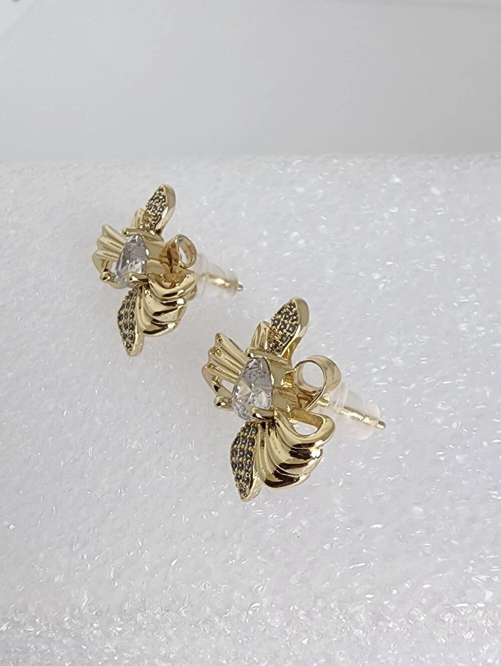 Gold Plated Bow Heart Crystal Stud Earrings Cute Coquette Gift